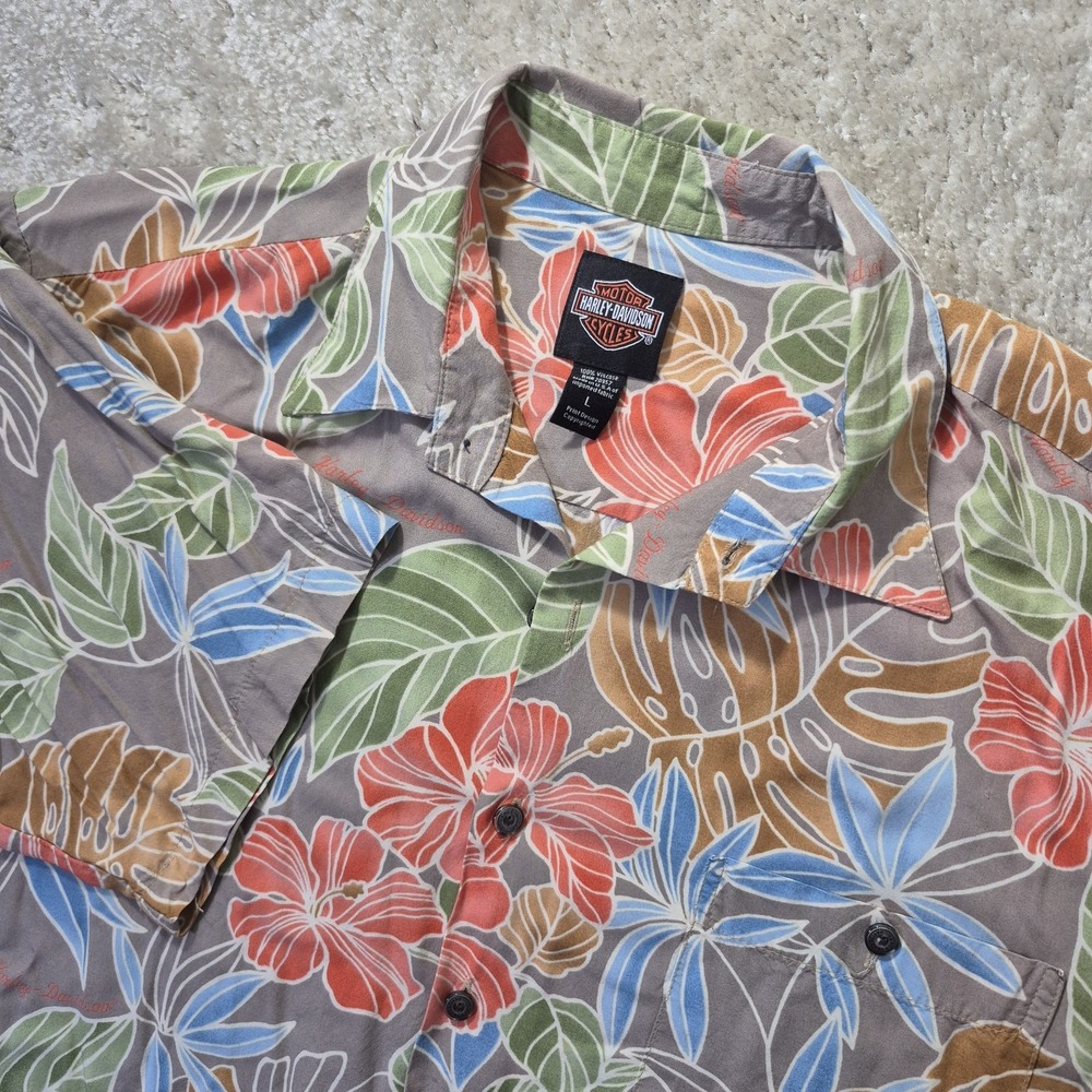 Harley Davidson Hawaiian Shirt Large Viscose Button Up Floral Blue Green Camp